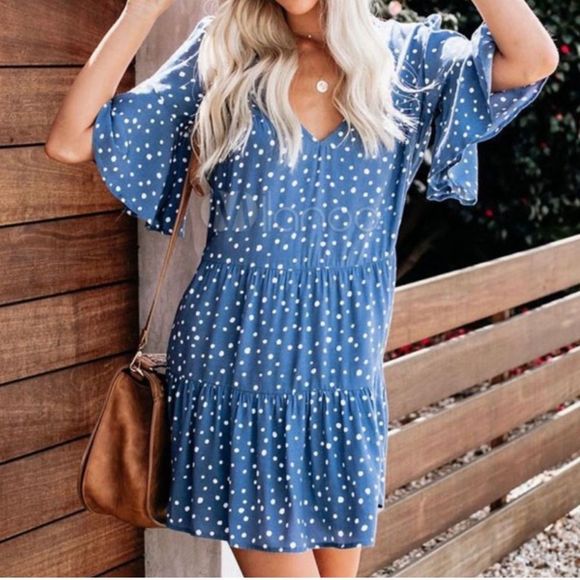 Anthropologie Mustard Seed Blue/White Polka Dot Ruffle Mini Dress | SZ S - Picture 1 of 9